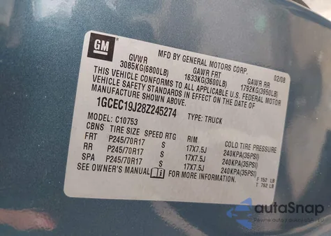 2008 Chevrolet Silverado 1500 Lt1 из США, поврежденный, VIN 1GCEC19J28Z245274